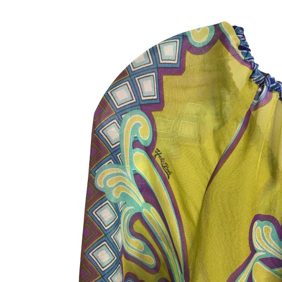 Hale Bob Women's Cabana Blouse Silk Bell Sleeve Boho Festival Green Floral XS - Picture 4 of 10